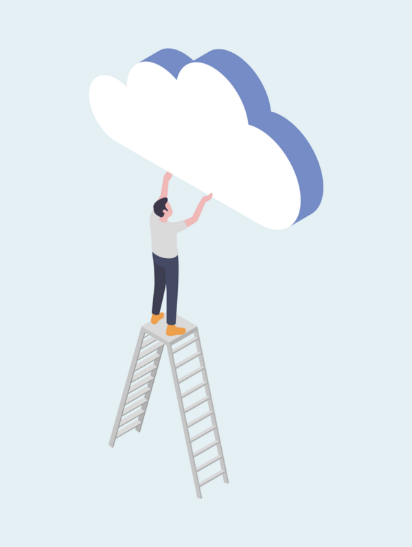 a man on top of a ladder positioning a cloud